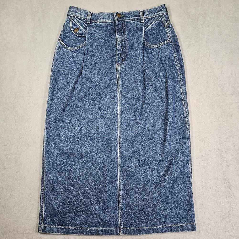 Vintage Lee Denim Skirt Womens Sz 16 Blue 80s Union Made Pleated Modest Prairie